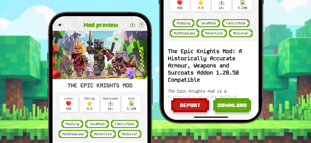 Interface of the Mods for Minecraft PE app showing the preview and download page for a medieval knight mod.