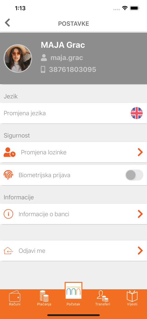 Settings screen of the m-Intesa mobile banking app showing user profile security options and language settings