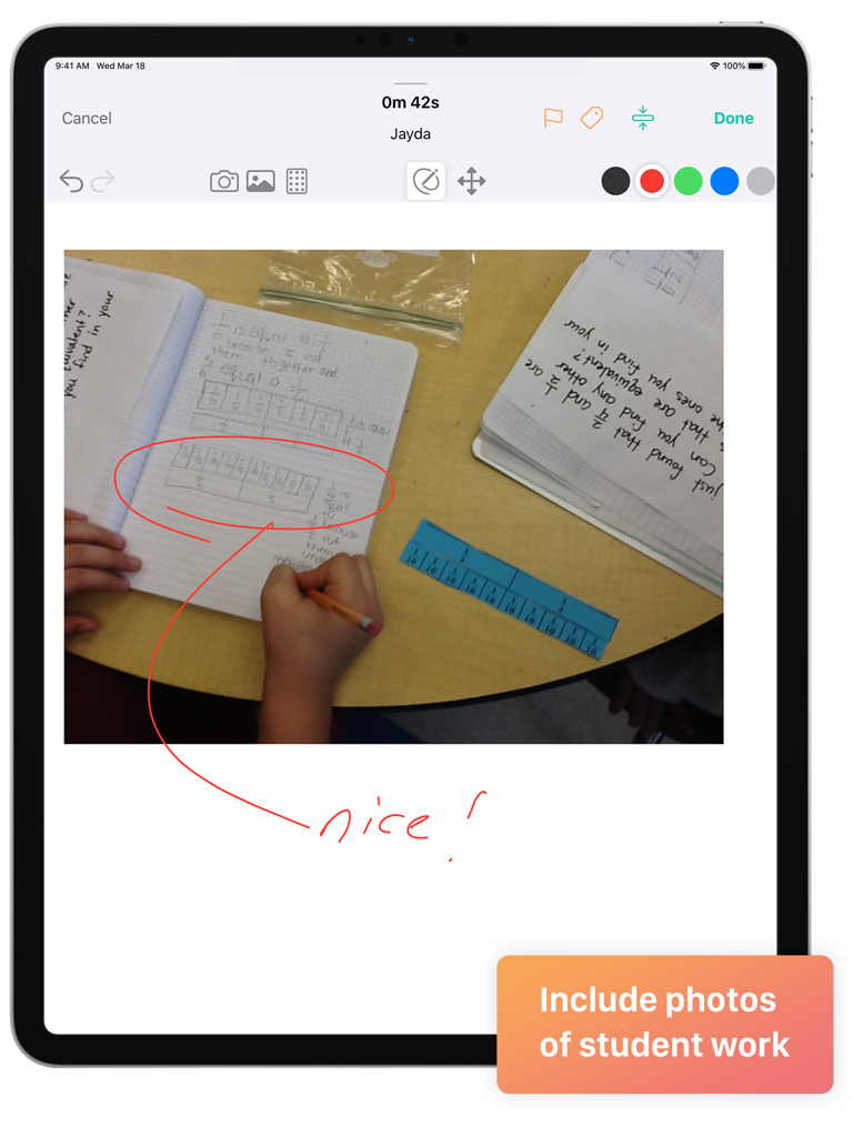 Screenshot di iPad dell'app LessonNote che mostra una foto annotata del quaderno di matematica di uno studente con feedback