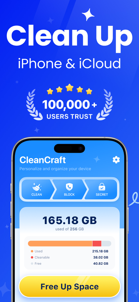 CleanCraft: Clean Up Storage - CleanCraftアプリのインターフェース。iPhoneのストレージ状況と空き容量を増やすボタンが表示されています。