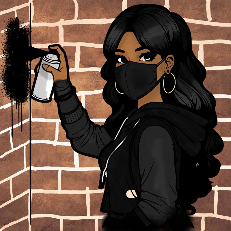 realistic girl with mask spray painting a wall