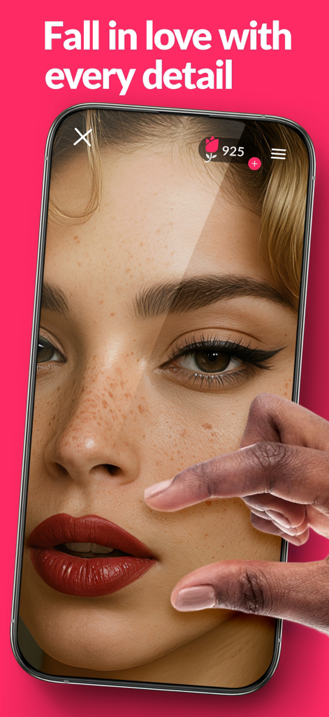 Date.AI - Virtual Lovers - Una vista de primer plano de una amante virtual IA realista en una pantalla móvil mostrando detalles finos con un gesto de pellizcar para acercar.