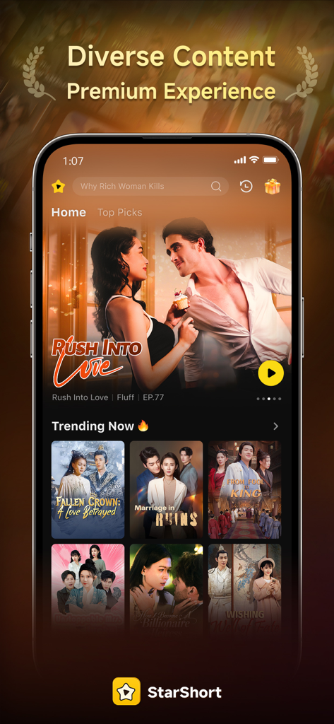 StarShort -  Dramas & Movies - Pantalla de inicio de la aplicación StarShort que muestra dramas cortos de tendencia y películas románticas
