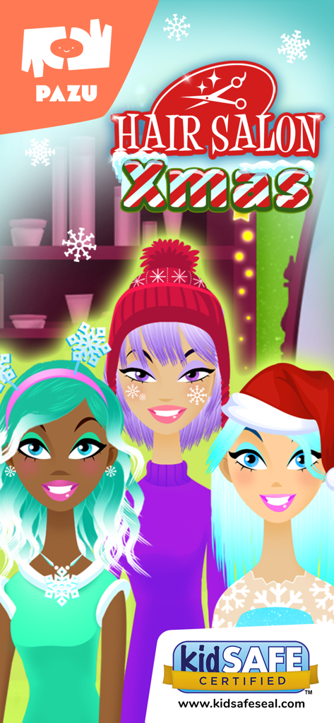 Three characters with colorful hairstyles and Christmas hats in the Pazu Hair Salon Xmas game