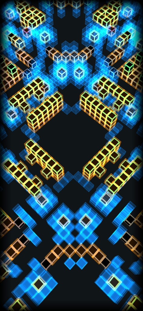Griglia simmetrica 3D di cubi luminosi blu e gialli che mostrano comportamento emergente in una simulazione di automi cellulari
