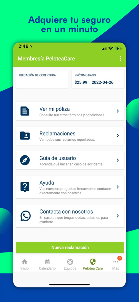 Pelotea - PeloteaCare membership interface showing insurance policy and claims management options in Spanish