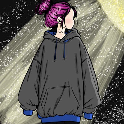 realistic girl with a oversized sweatshirt on and a bun
