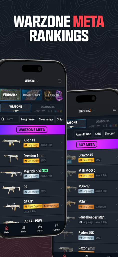 Warzone Meta & Loadout - BO7 - Warzone Meta and Loadout app interface showing weapon rankings for BO7 and Warzone on mobile screens