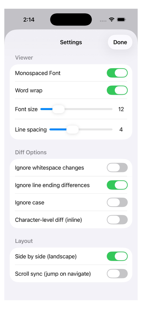 CodeDiff+ - Écran des paramètres de l'application CodeDiff plus montrant des options personnalisables pour le moteur de comparaison de code et la mise en page