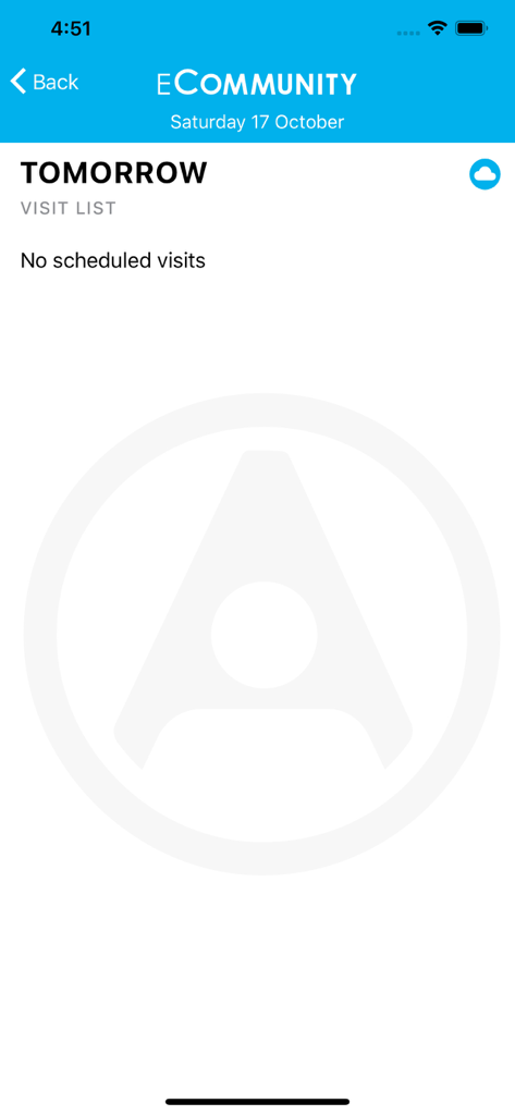 eCommunity - eCommunity app screen showing an empty visit list for tomorrow