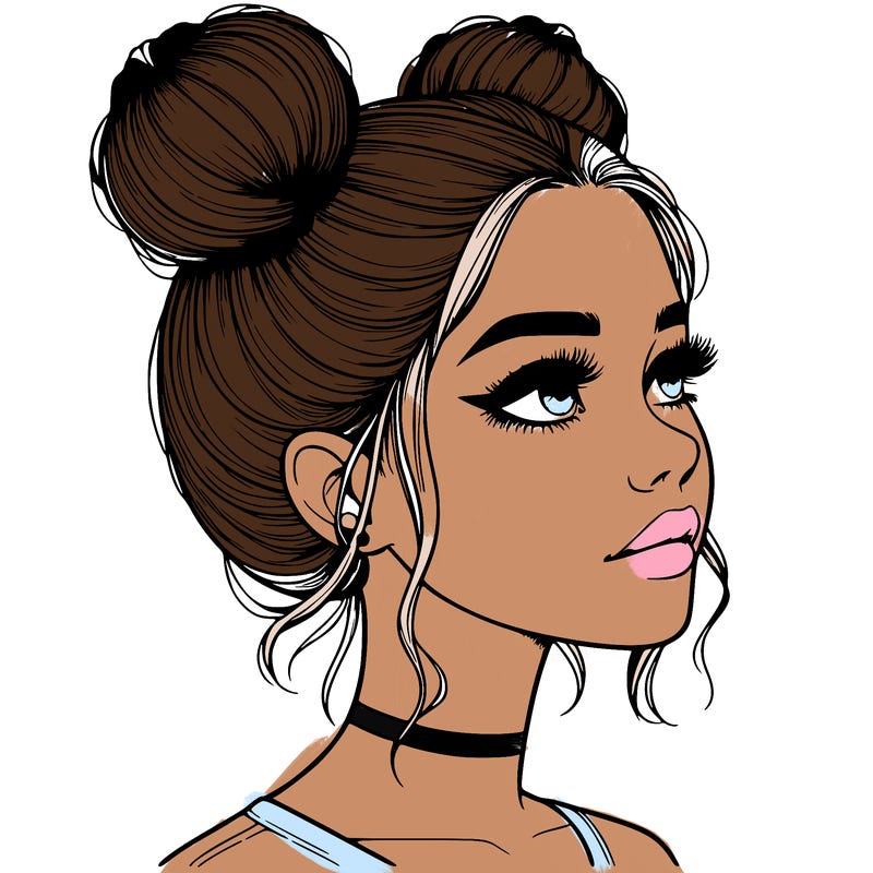 realistic girl with buns on the top of her head