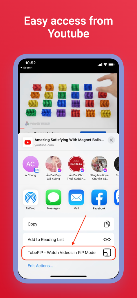 Music Video Player with PiP - iPhone screenshot showing how to enable TubePiP mode from the YouTube share menu
