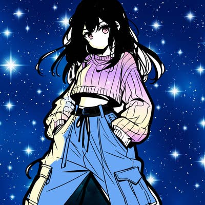 anime teen girl with baggy pants and crop top with sweater