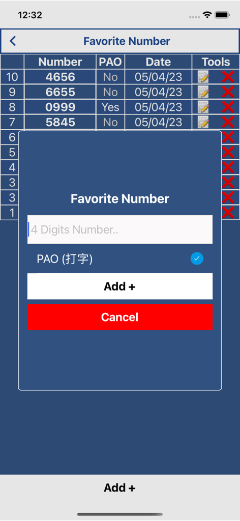 L'écran des numéros favoris de l'application Live 4D Results montrant un tableau des entrées enregistrées et une fenêtre modale pour ajouter un numéro