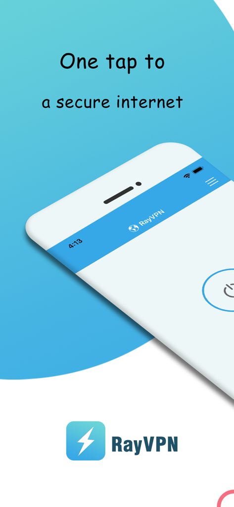 RayVPN: Secure Unlimited Proxy - Pantalla de la aplicación RayVPN mostrando el lema un toque para un internet seguro con el logo de la aplicación y una maqueta de iPhone