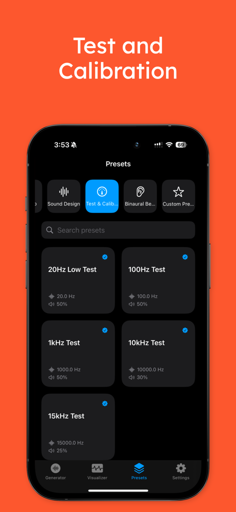 ToneWave Pro - ToneWave Pro mobile app showing a library of audio test and calibration presets