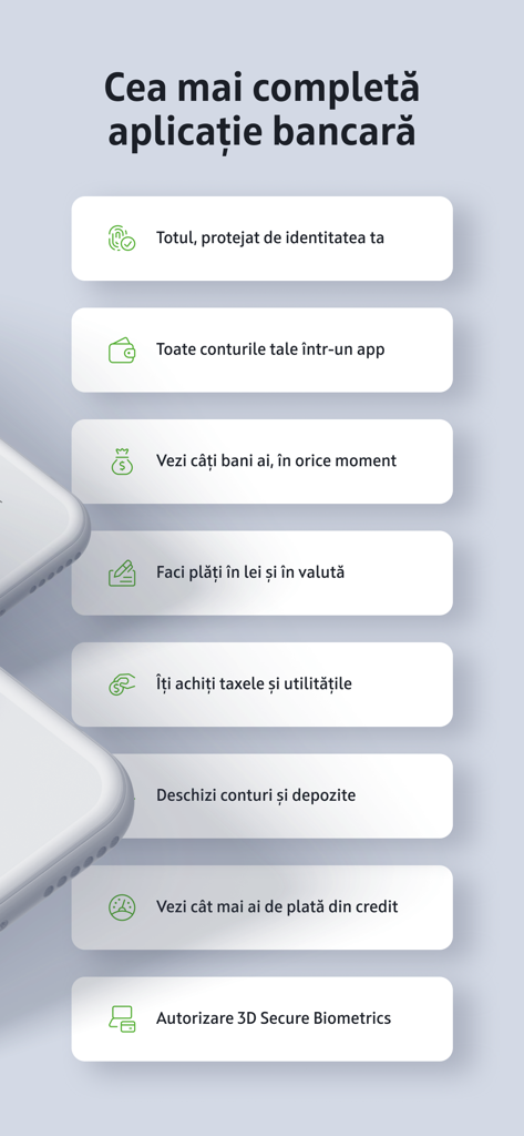 OTP Mobile Banking Moldova - List of features for OTP Mobile Banking Moldova app including biometric security and account management