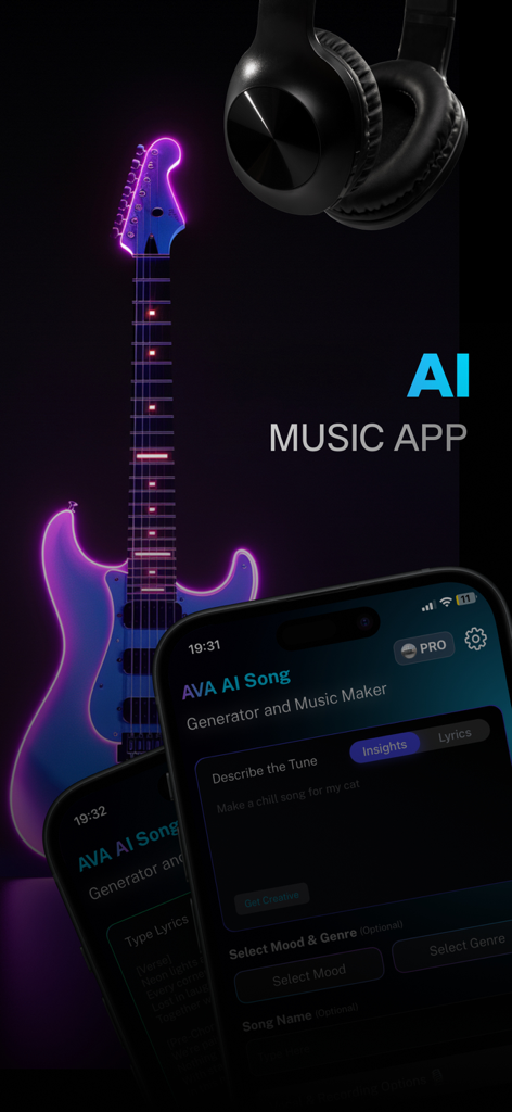 Interface do aplicativo gerador de música AI com guitarra neon e fones de ouvido