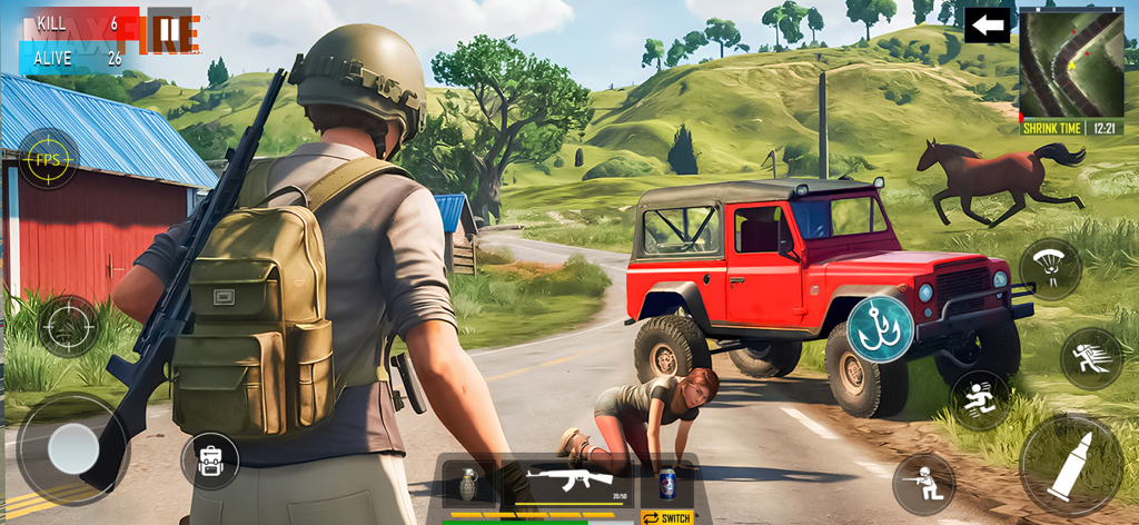 Third person gameplay of Max Fire Battlegrounds Offline showing a player character near a red SUV in a rural environment