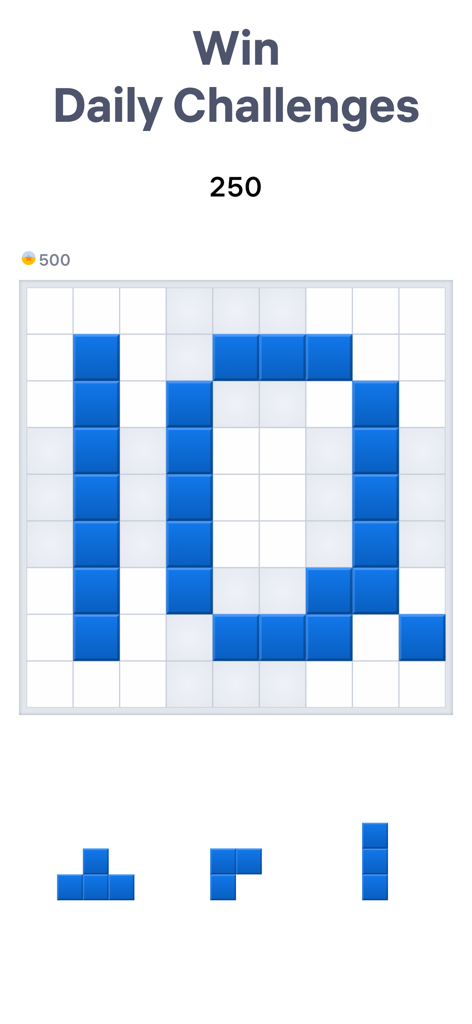 Un tablero de juego de Blockudoku con bloques formando las letras IQ como parte de un desafío diario.
