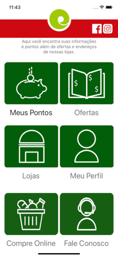 Home screen of the e-Voce app with menu icons for loyalty points offers and online shopping