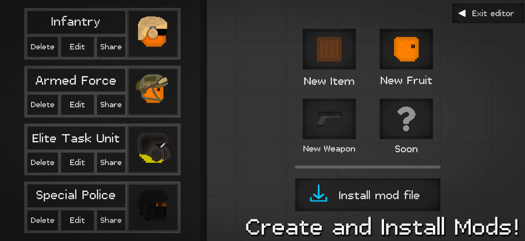 Interface for creating and installing custom mods in Fruit Playground featuring specialized fruit units and weapons