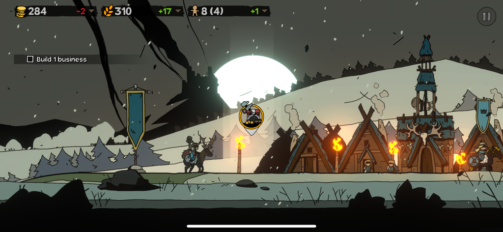Side-scrolling strategy gameplay showing a snowy village at night with building management and a hero on a reindeer.
