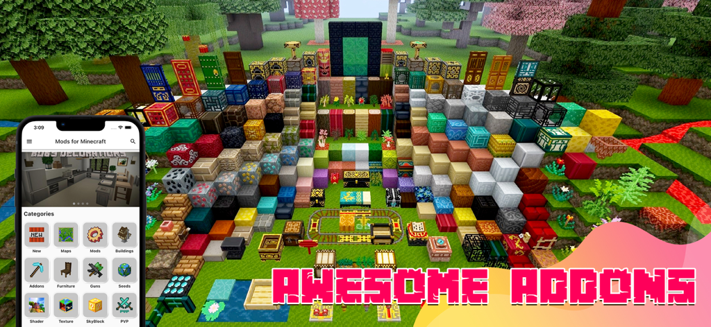 A mobile app interface displaying categories for Minecraft PE addons alongside a showcase of furniture and custom blocks