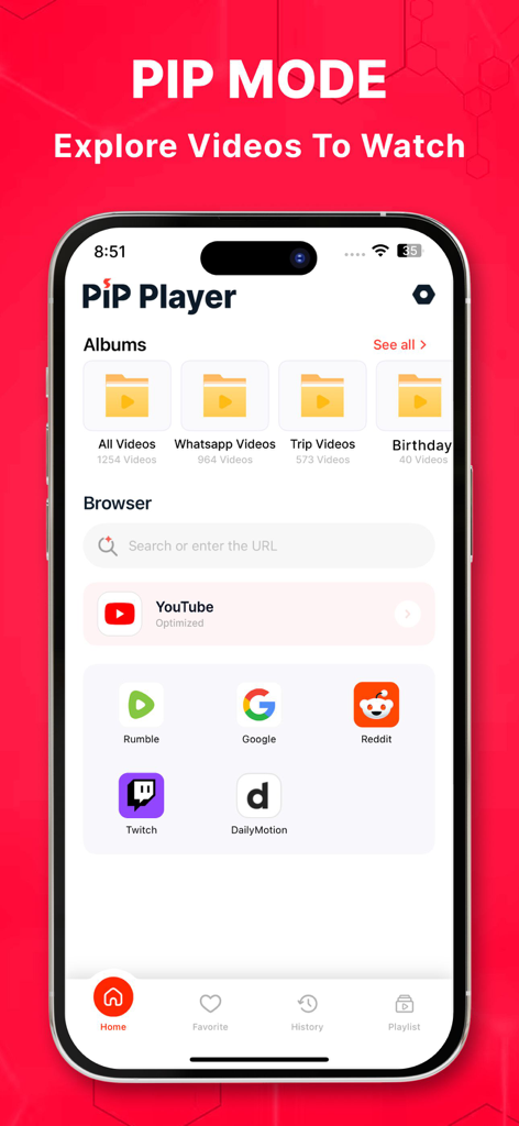 La pantalla de inicio de la aplicación PiP Player que muestra álbumes de video y un navegador con accesos directos a YouTube, Reddit y Twitch.