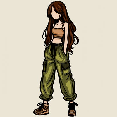 girl in baggy pants crop top and long hair