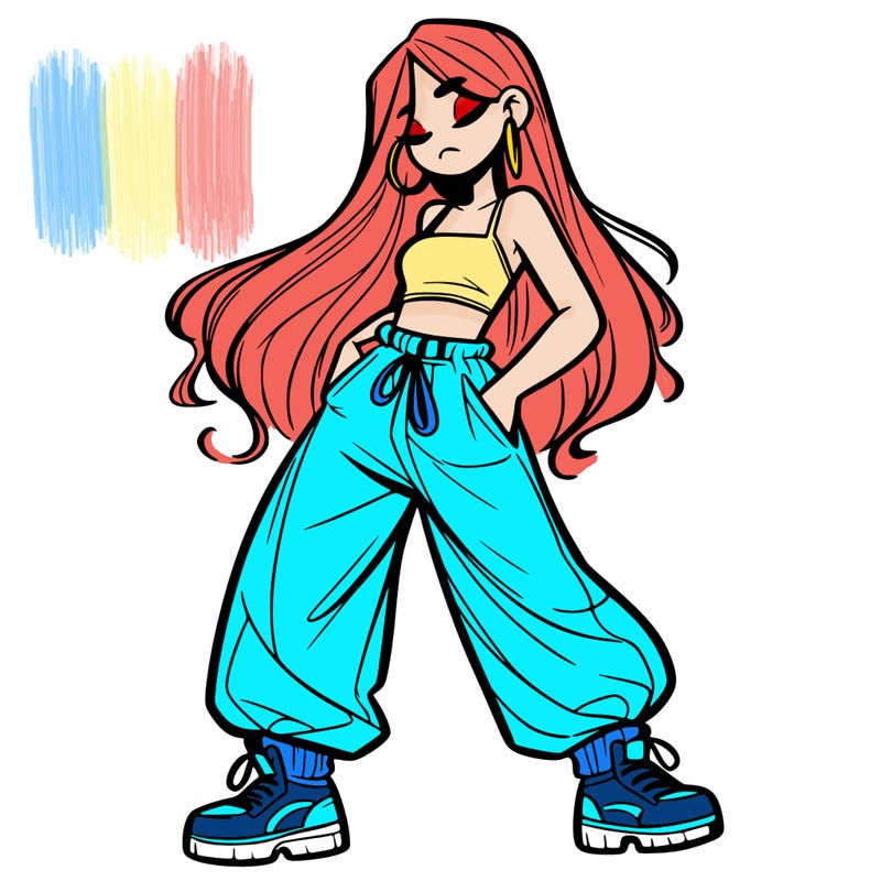 girl in baggy pants crop top and long hair