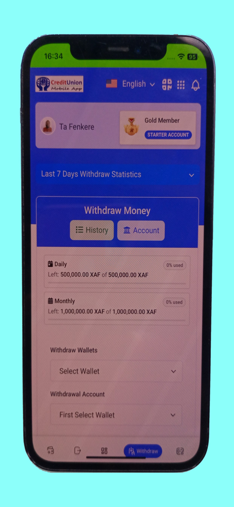 Credit Union Mobile App - Withdrawal interface of the Credit Union app displaying daily and monthly limits in XAF