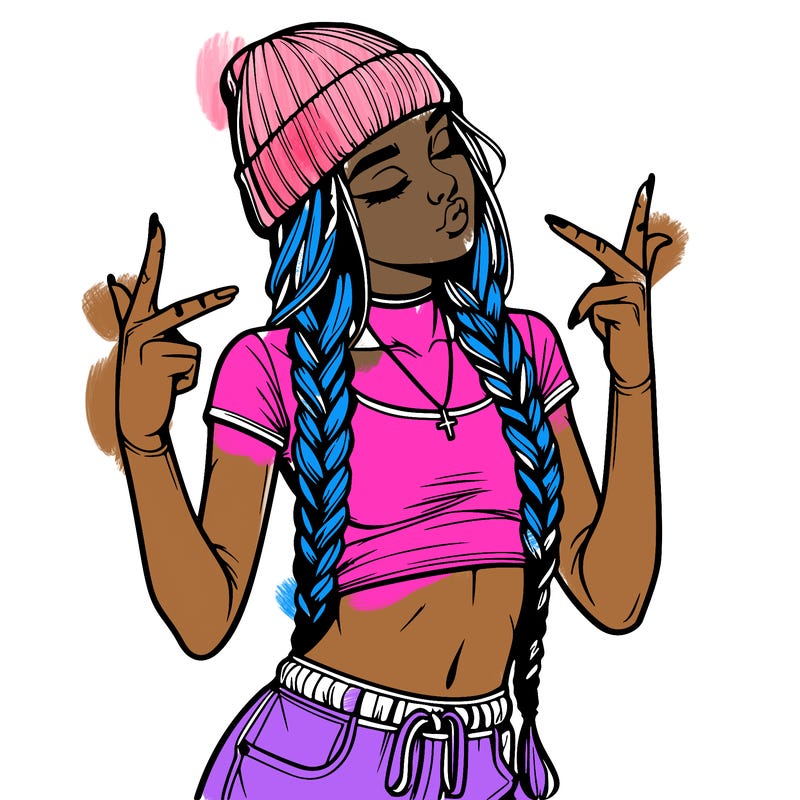 realistic teenage girl with braids and a beanie and crop top doing 🫶🏼