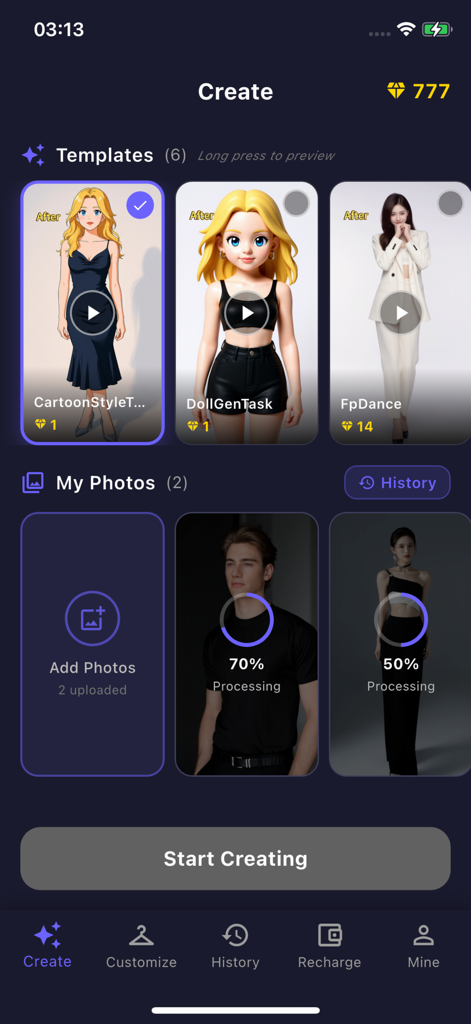 VivideoAI - VivideoAI App-Oberfläche mit kreativen Vorlagen und Status der Fotoverarbeitung