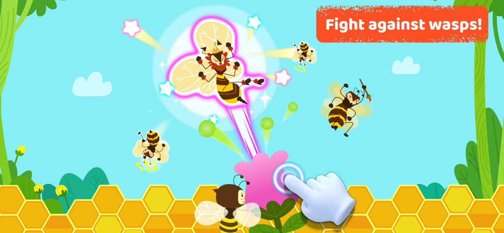 Baby Panda Preschool Science - Educational game screen from Baby Panda Preschool Science showing an interactive level where players fight against cartoon wasps to protect a hive