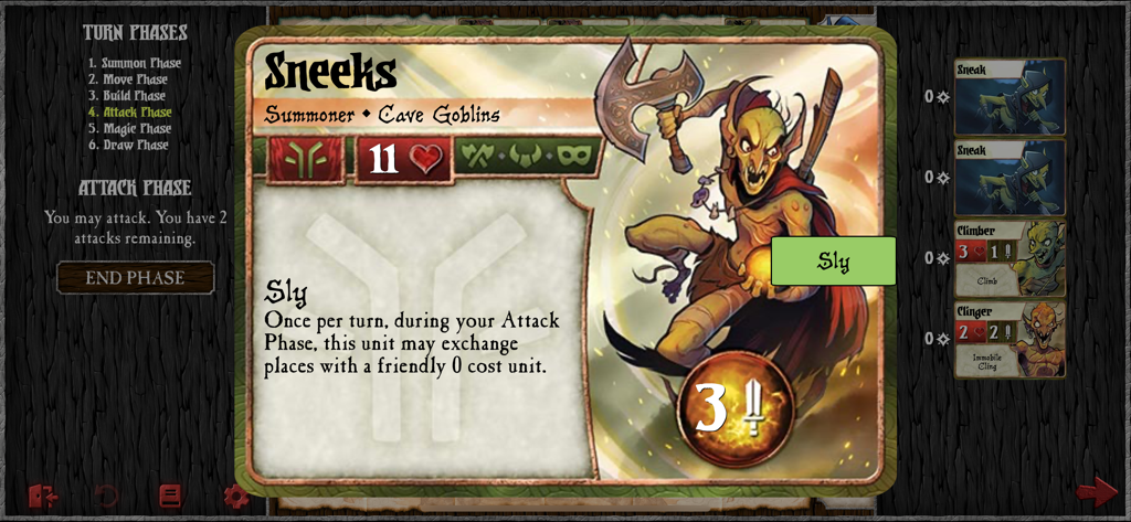 Summoner Wars Online - Summoner Wars Online Sneeks Cave Goblins card details and gameplay interface