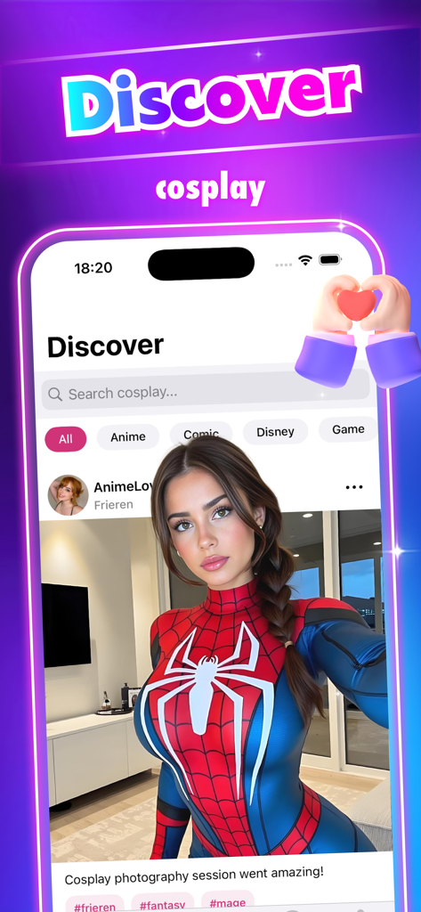 La sección Descubrir de la app Jera mostrando una publicación de cosplay de Spiderman y categorías de anime y videojuegos.