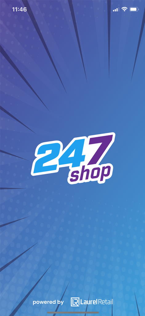 Pantalla de inicio de la aplicación móvil 247 Shop que muestra el logo de la marca sobre un fondo azul dinámico