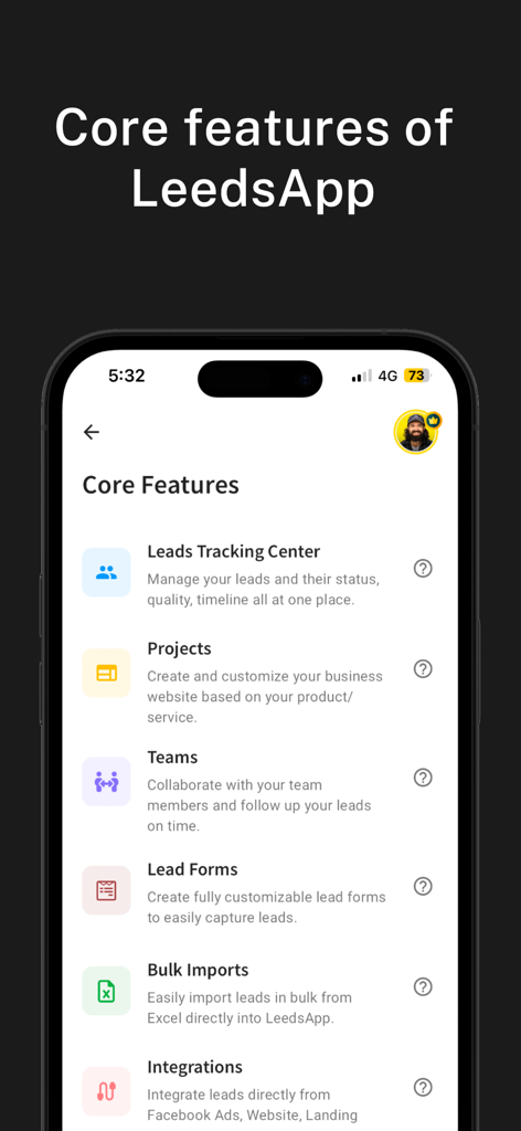 LeedsApp: Lead Management CRM - LeedsApp core features screen listing lead tracking, projects, teams, and integrations