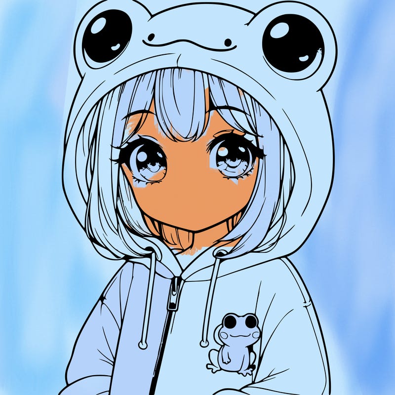 cute realistic girl in a froggy hoodie