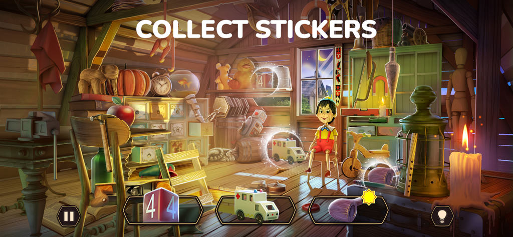 Werkstattszene in Wimmelbild-Abenteuer mit Spielzeug zum Finden und Sammeln von Stickern