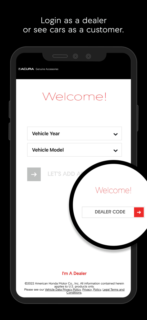 Welcome screen of the Genuine Acura Accessories app featuring vehicle selection dropdowns and dealer login options