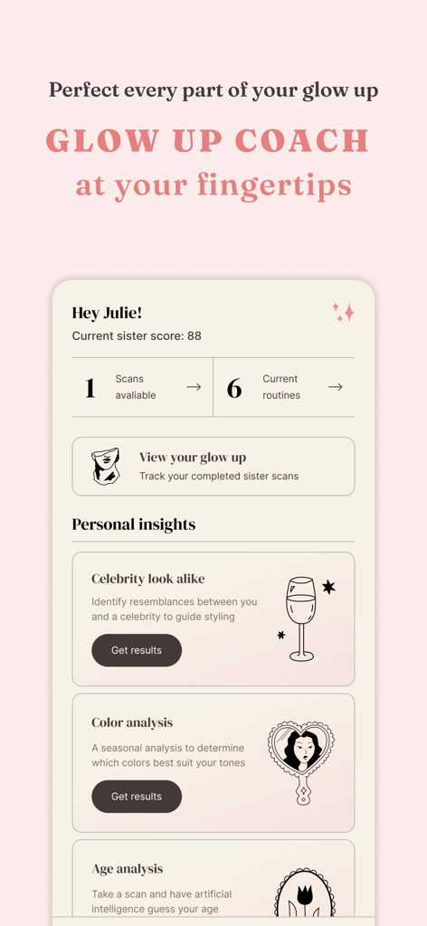 sister glow up - The Sister Glow Up app interface showing personal aesthetic insights like celebrity look-alike, color analysis, and age analysis