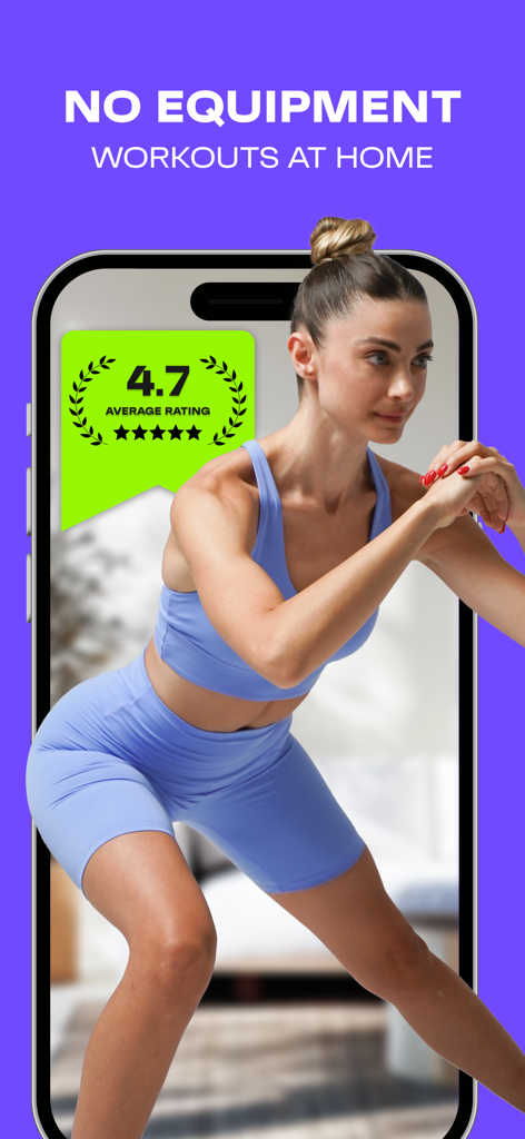 Woman performing a home workout on a smartphone screen with the FitEase app rating badge