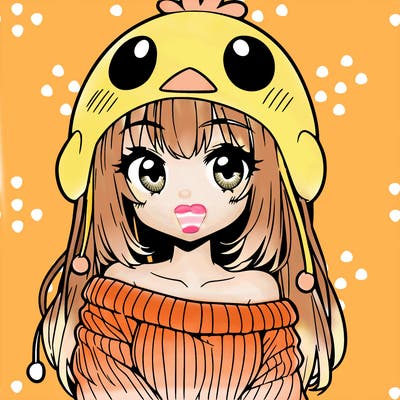 anime girl with chick shaped hat with sweater with bare shoulders with bangs covering them one eye with low tail