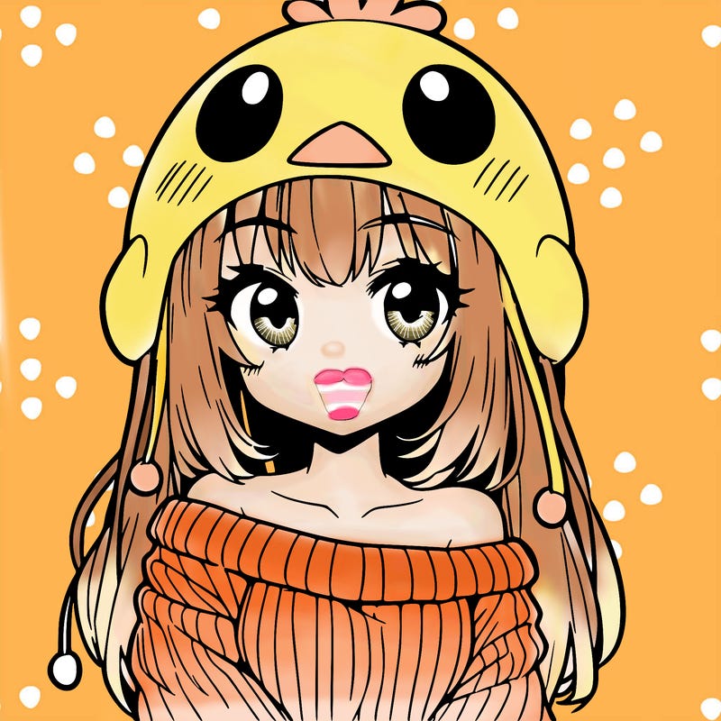 anime girl with chick shaped hat with sweater with bare shoulders with bangs covering them one eye with low tail