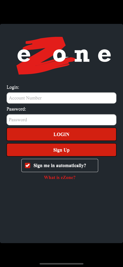 eZone App - Login screen of the eZone logistics app featuring account number and password entry fields