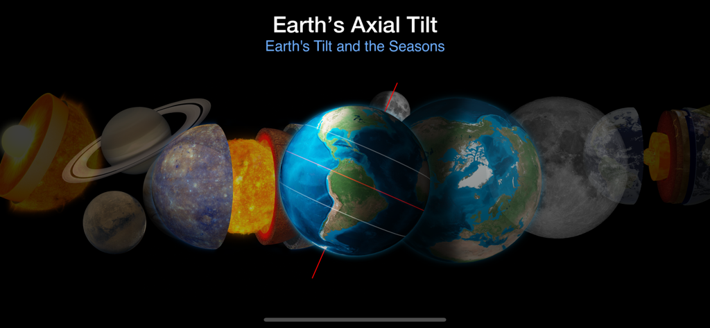 Earth and Science - 地球の軸の傾きと季節との関係を、背景に他の惑星を表示して示す、地球と科学アプリからの図。