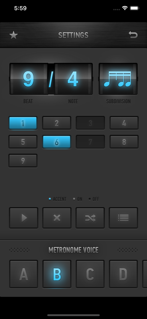 Metronome Ϟ - Settings screen of MetroTimer metronome app showing time signature and subdivision controls.