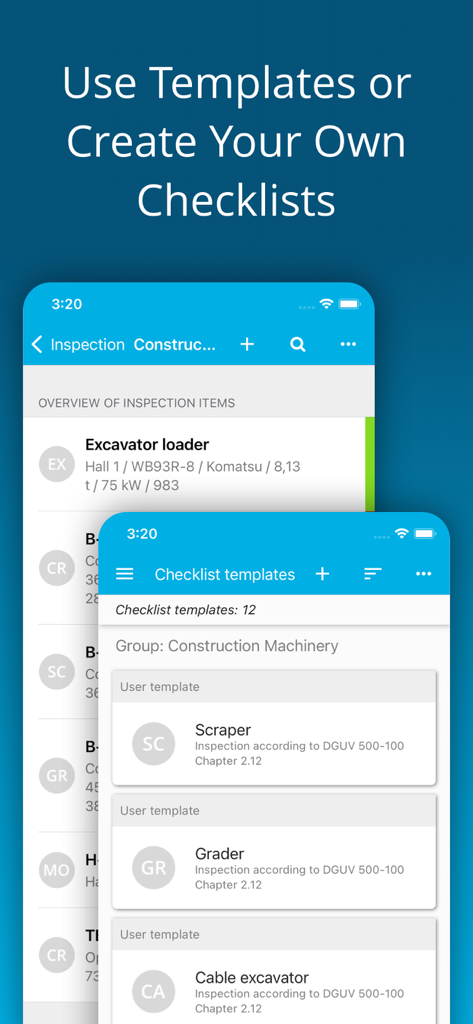 Heavy Equipment Inspection - Interface for selecting and creating construction machinery inspection checklist templates